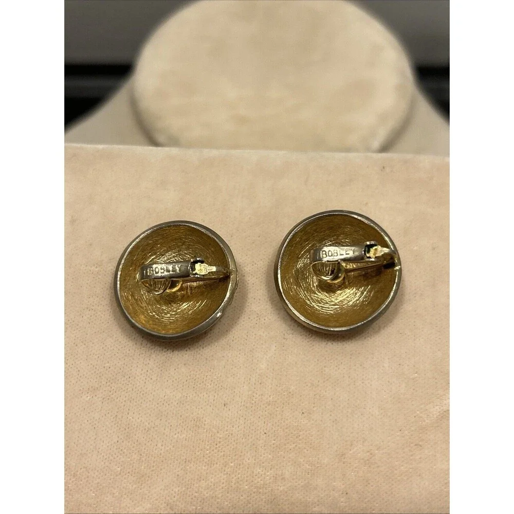 Vintage Joseph Bobley Round MCM Textured Gold tone Clip On Earrings Leaf